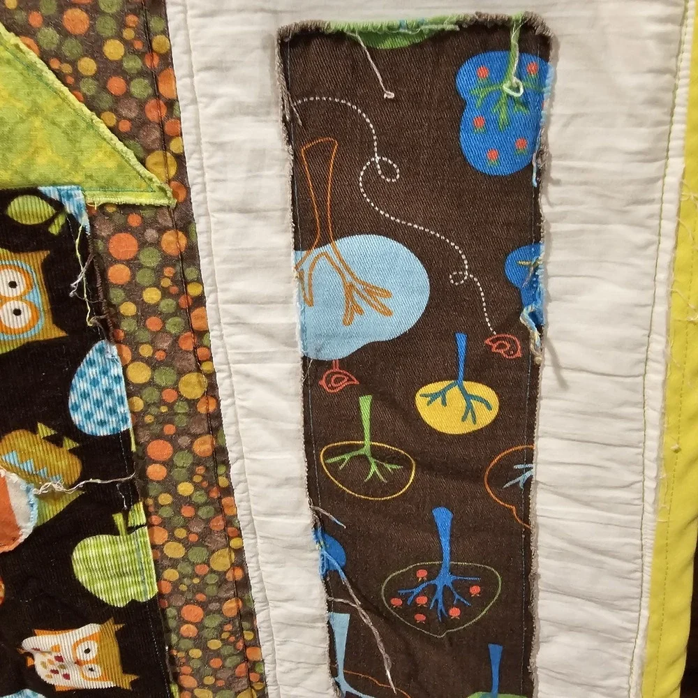 Handmade Baby Quilt Patchwork Owls Flowers Cotton Microfiber Back 48x40 Multi